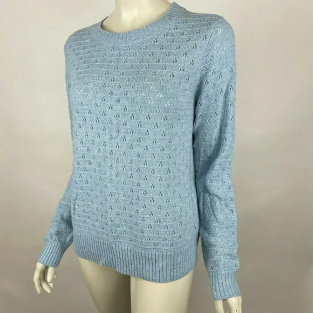 J Crew Pointelle Crewneck‎ Sweater Alpaca Wool Pullover Blue Women L NWT AK196